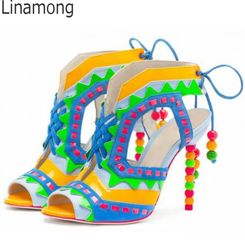 Hot Beading Spliced Heels Sandals Geometry Suede Patchwork Multi Beads Slingback Lace Up Sandals Peep Toe Stage Show Shoes