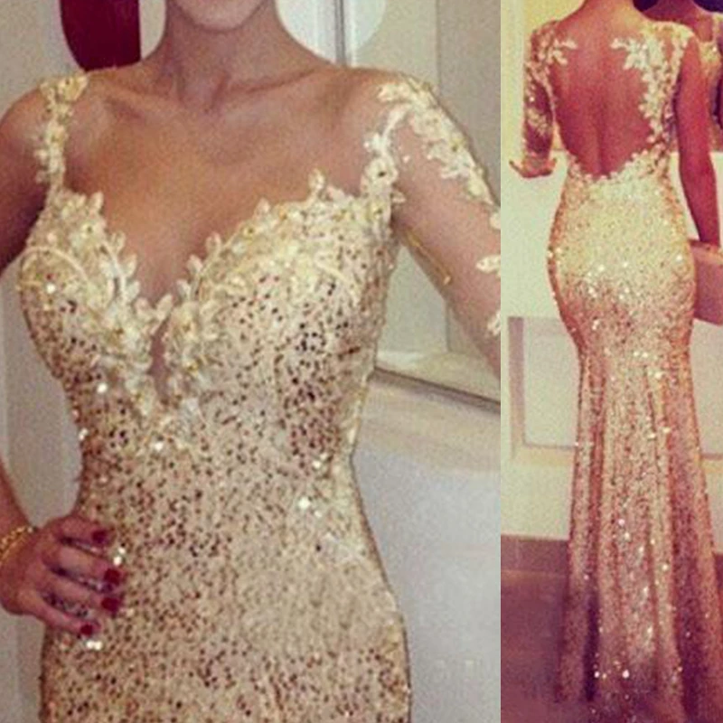 2021 Gold Prom Kleider mit Langen Ärmeln Liebsten Cocktail Kleider Trompete Stil Formale Abendkleider mit Appliques