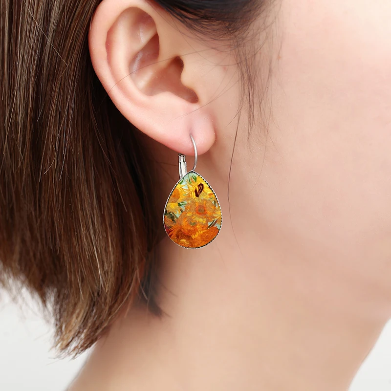 Classic Van Gogh Painting Teardrop Earrings Jewelry Gustav Klimt The Kiss Picture Glass Dome Water Drop Women Earrings