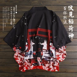 Japanese loose bathrobe Fushimi Inari Patronus fox Dark Black color haori summer Sunscreen kimono art cosplay DA037