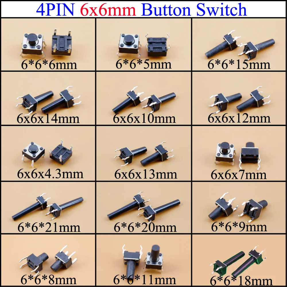 YuXi – interrupteur tactile à bouton-poussoir, 6x6x4.3/5/6/7/8/9/10/11/12/13/14/15/18/20 interrupteur à bouton tactile lumineux, 6x6mm, 21mm