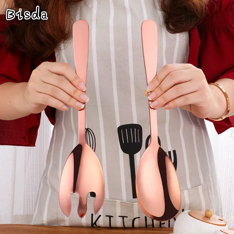 

Bisda Big Salad Spoon Fork 18/10 Stainless Steel Colorful Salad Forms Server Cutlery Flatware Utensils Pasta Tools OEM Logo