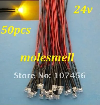 

Free shipping 50pcs Flat Top Yellow LED Lamp Light Set Pre-Wired 5mm 24V DC Wired 5mm 24v big/wide angle yellow led