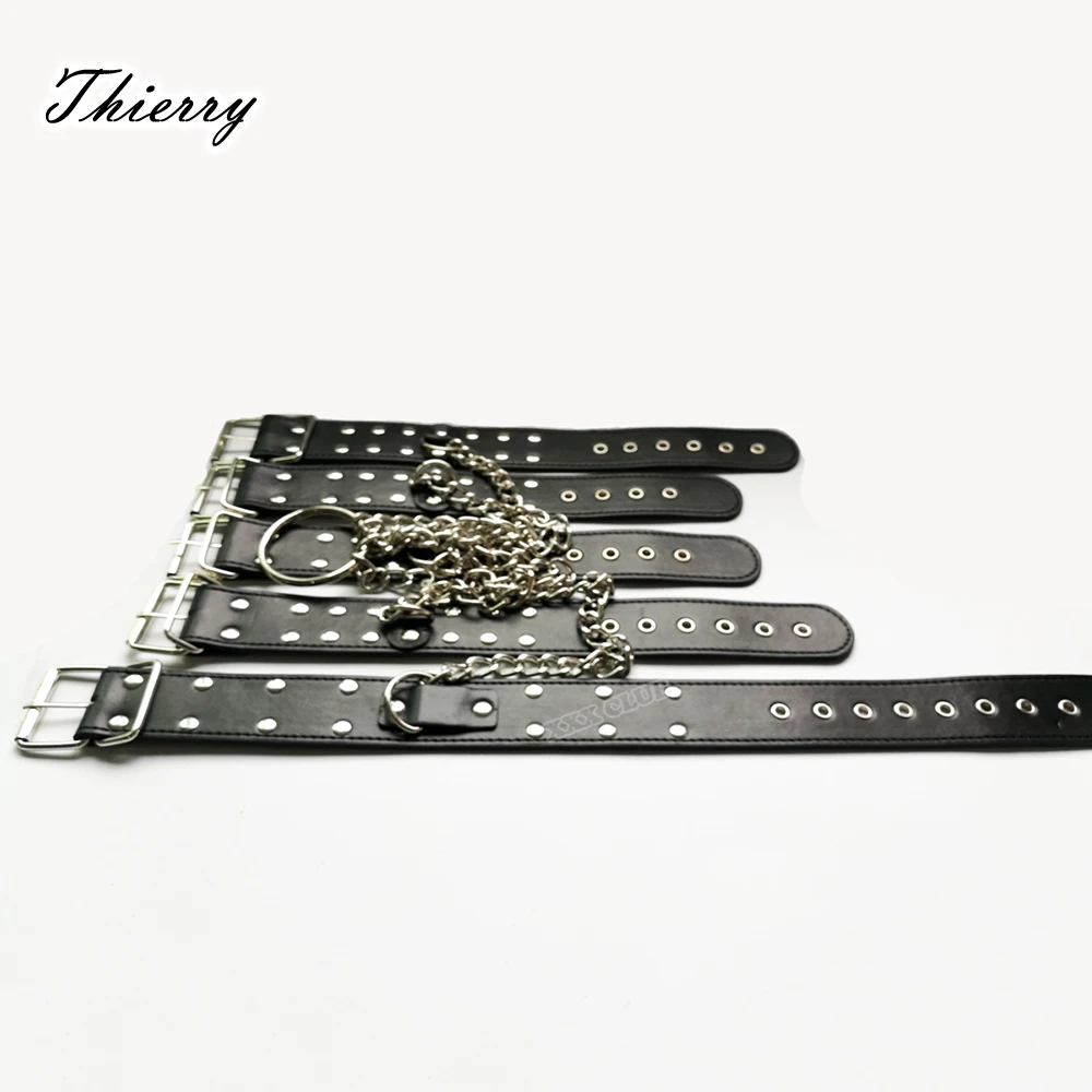 

Thierry PU Leather Bondage Restraint Erotic SM Kit Collar Wrist Ankle Cuffs Sexy Chain Bound Adults Flirting Toys Sets