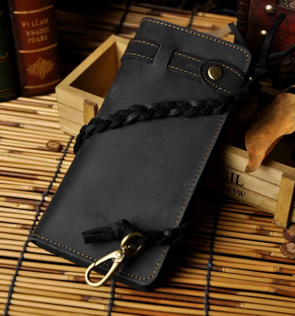 Hot Sale Cattle Male Organizal Crazy Horse Real leather Design Checkbook Chain Wallet Purse Clutch Handbag For Men 3377