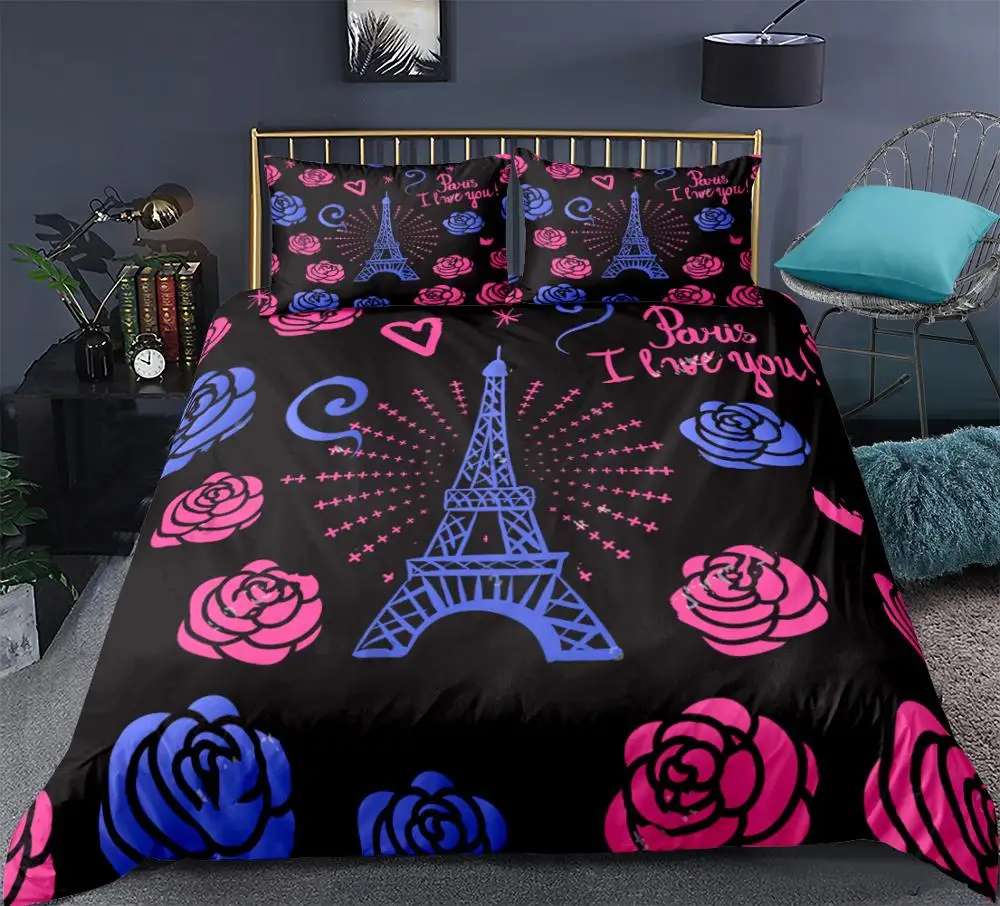 Tower Bedding set Paris Duvet cover set for girls Roses Bed line for kids Romantic quilt cover girl bed set Valentine's gift