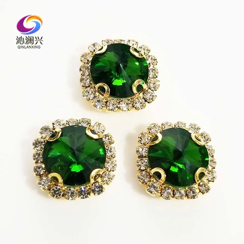 

Grass green Round shape top glass crystal rhinestones with hole,golden bottom sew on stone for Diy Clothing accessories