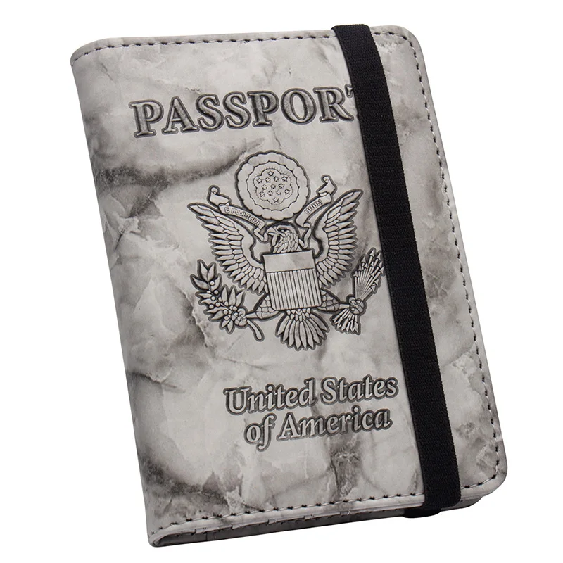 Gray Double-headed marble pu Leather Passport Cover Travel with bandage Bag Passport Case Wallet License Credit Card Holder