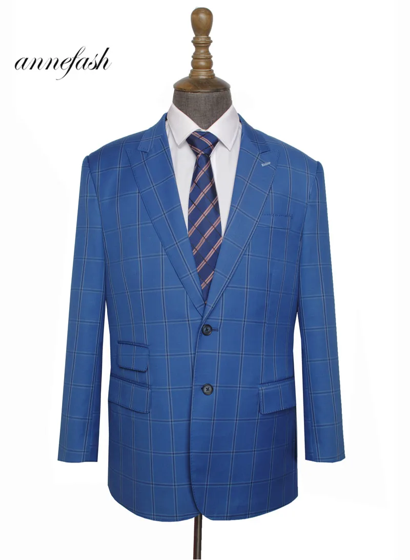 2018 New style Custom Made high quality 150's worsted wool blue windowpane check Men Suit for wedding business causal suit