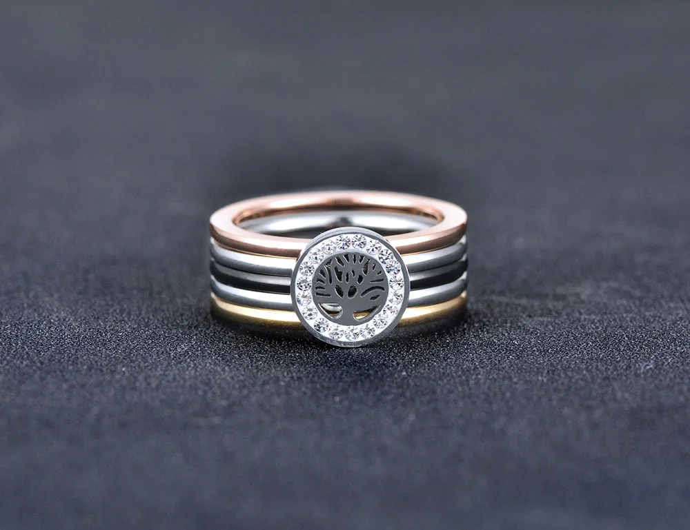 Lokaer Colorful CZ Crystal Tree Rings Jewelry Titanium Steel Wedding Engagement Ring For Women Gift Anneaux R18015