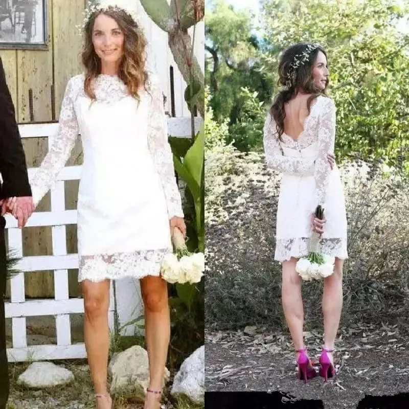 Vestidos de novia cortos informales, vestidos de novia con escote de Joya, manga larga, espalda descubierta por encima de la rodilla, vestidos de novia campestres de encaje completo