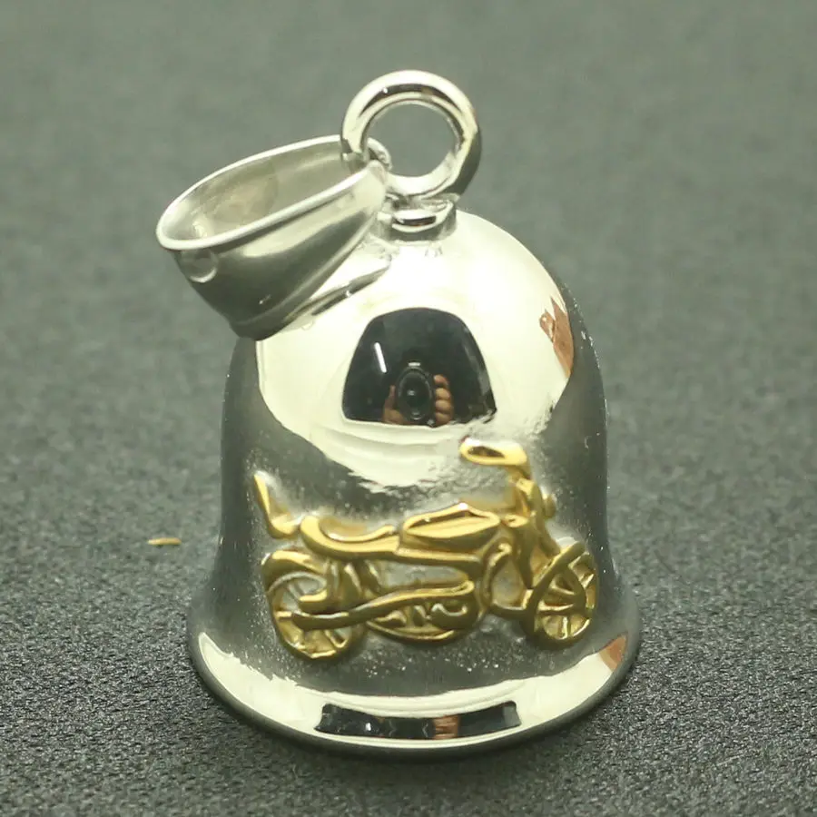 Men 316L Stainlesss Steel Cool Ghost Rider Biker Motorcycle & Gold jingle Bell Pendant