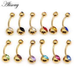 Alisouy 1pc Stainless Navel Rings Gold Color Anodized Belly Button Piercing Double Crystal Ombligo for Women 14G Body Jewelry