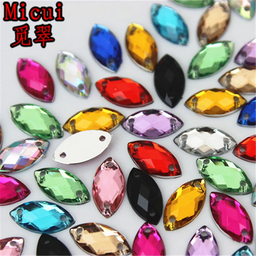 Micui 100PCS 6*12mm Sewing Crystal AB Flatback Acrylic Rhinestones Sew On Crystals Stones Horse Eye For DIY Clothes Crafts MC768