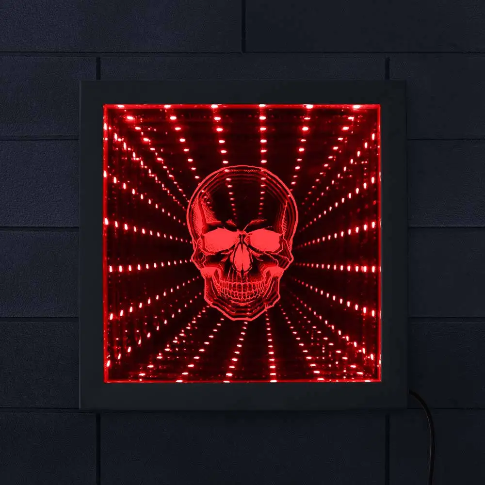 

Horror Skull Head Wall Hanging Infinity Mirror Death Bone Skeleton Tunnel Vision Illuminated Mirror Halloween Party Decor Frame