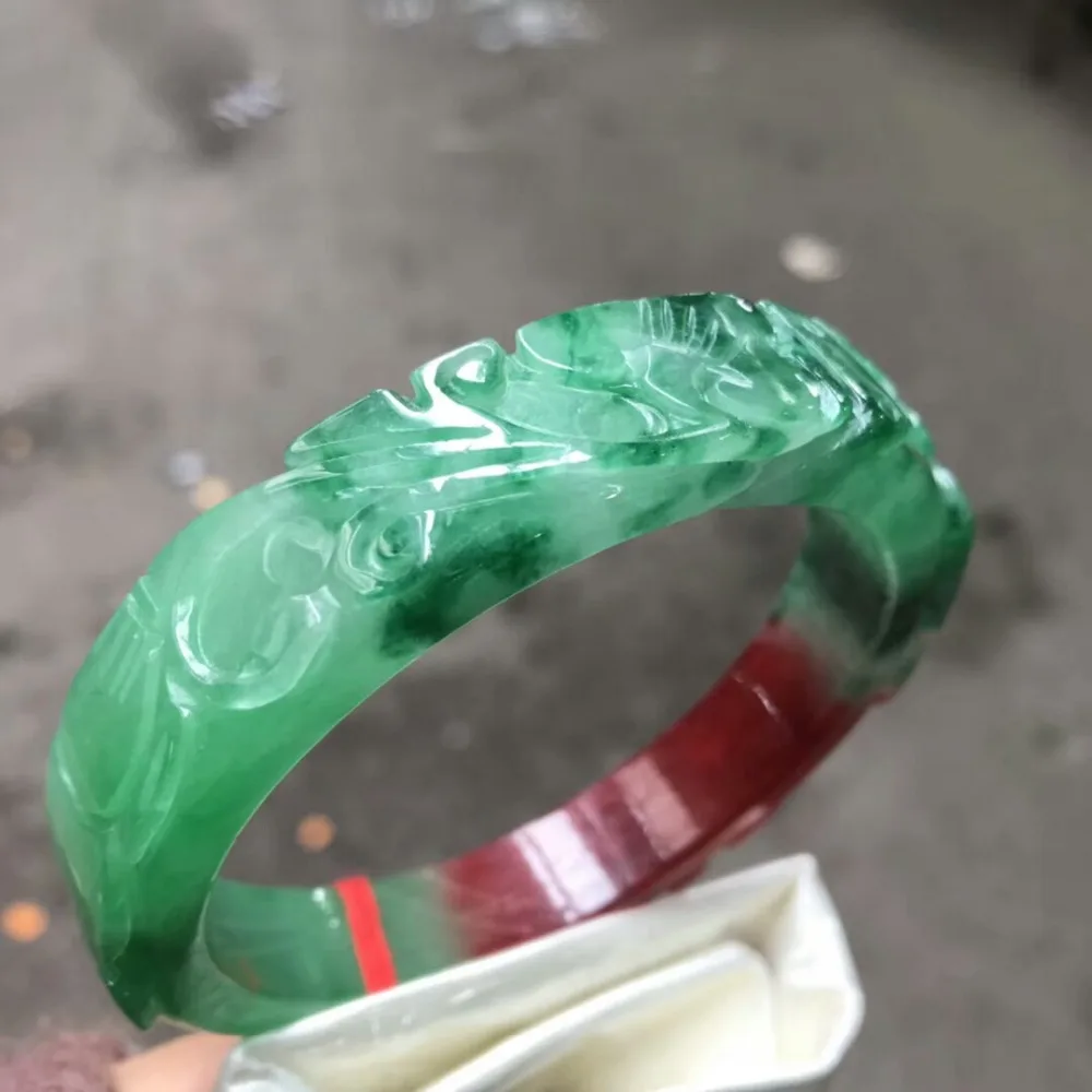 Prezent Certyfikat Bransoletka z naturalnego jadeitu z wykwintnymi rzeźbionymi retro-archaistycznymi wzorami 54-62mm Bransoletka księżniczki Biżuteria Prezent