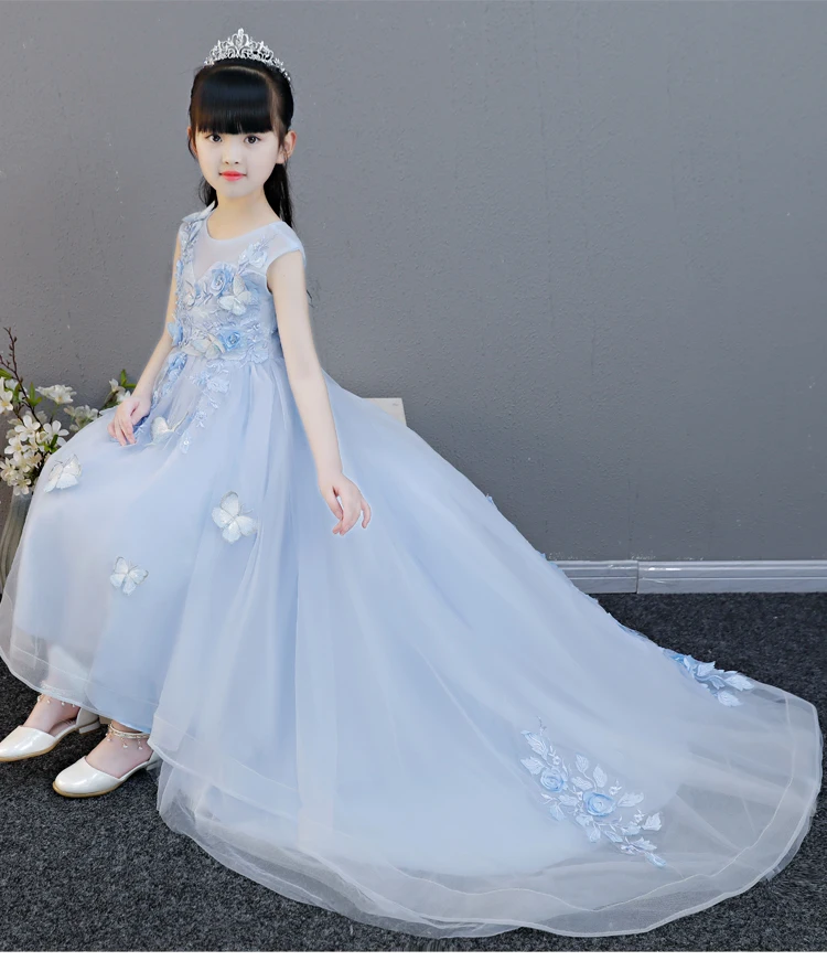 

New Applique Lace Girls First Communion Dress Long Trailing Party Ball Gown Flower Girl Dress For Wedding Kids Baptism Vestido