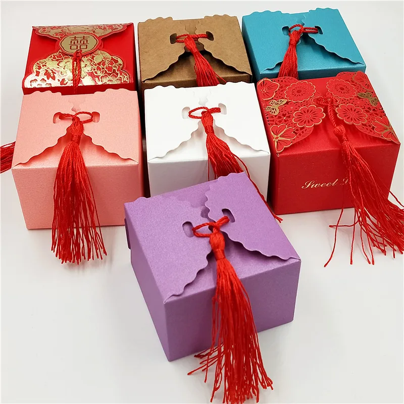 

100Pcs/LotNewest Paper Box With Tassel Strings Festive For Wedding Festivals Gift Candy Chocolate Kraft Paper Boxes Handmade