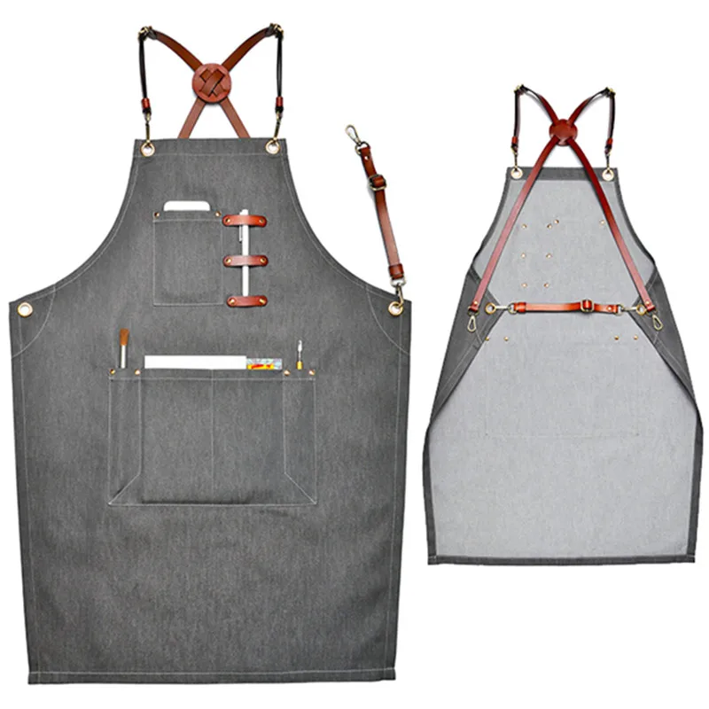 Gray Denim Apron Cowhide Leather Strap Barber Hairdresser Florist Artist Gardener Workwear Barista Bartender Chef Uniform K98