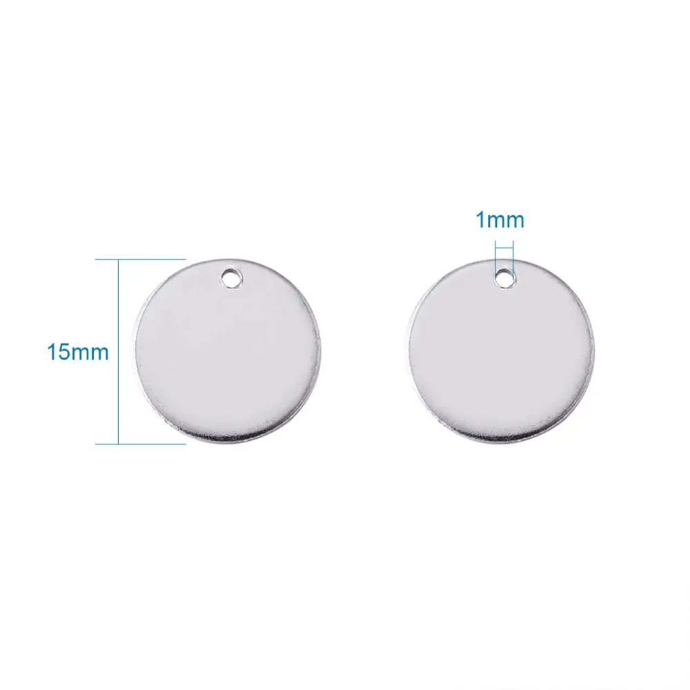 100pcs 15mm Stainless Steel Flat Round Charms Pendants Metal Blank Stamping Tags for Jewelry Smooth Surface Hole: 1mm