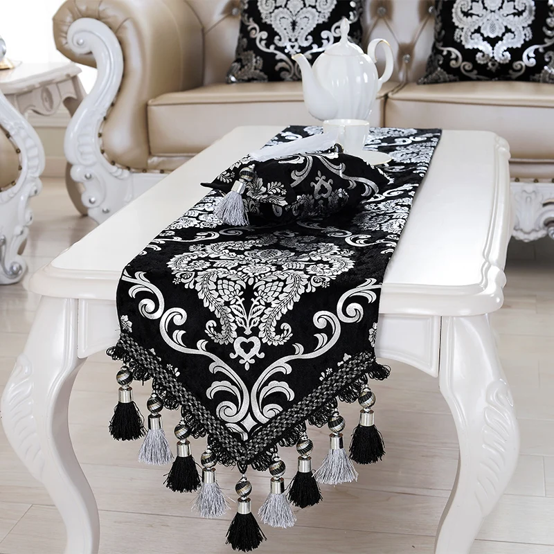 

Luxury Europe Runner Mat, Silver Plating Bead Tassels, Beauty Table, Bed Mat, Home Room Decor, Wholesale, FG331