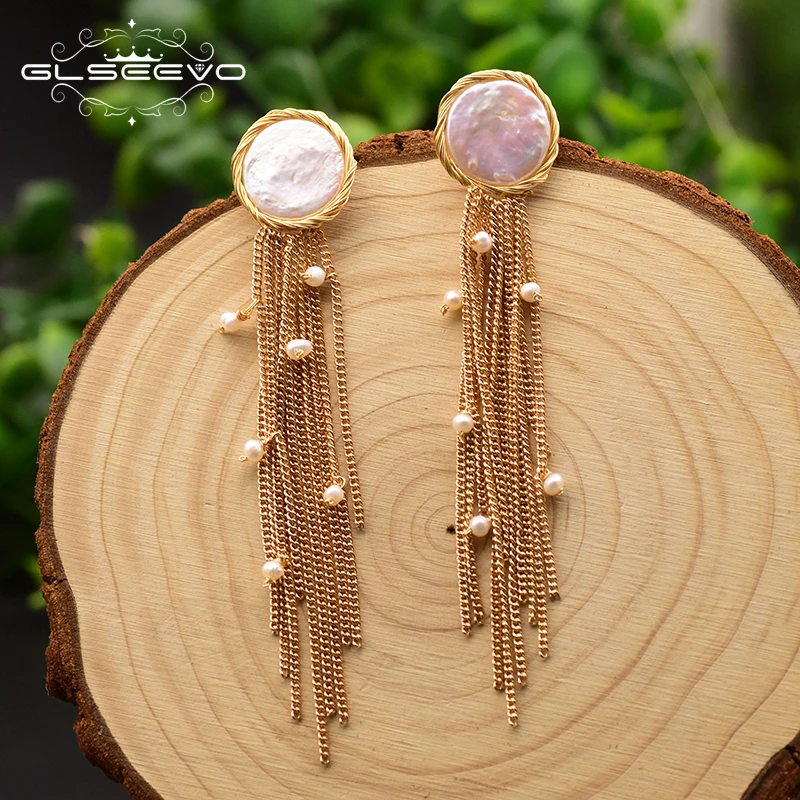 GLSEEVO Fresh Water Baroque Flat Pearl Tassel Long Flat Back Earrings Women Vintage Fashion Fine Luxury Wedding Jewellery GE0656