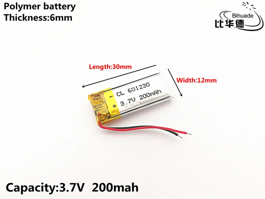 3.7 V, 200 mAH, 601230, polimerowa bateria litowo-jonowa/akumulator litowo-jonowy do TOY, POWER BANK, GPS, mp3, mp4