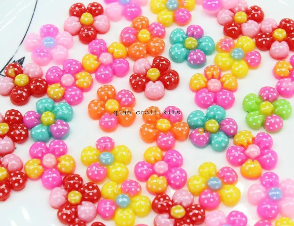 300pcs Mixed Colors handpaint 3 tones sun Flower w/ bows polka dots Resin Cabochons, Flower Shaped 20mm D25