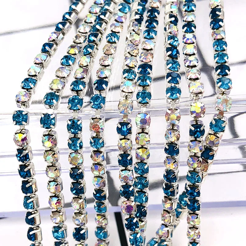 New arrive 5 yards/bag Peacock blue/Lake blue/White AB 2mm-3mm silver base rhinestones cup chain diy bags/clothing accessories