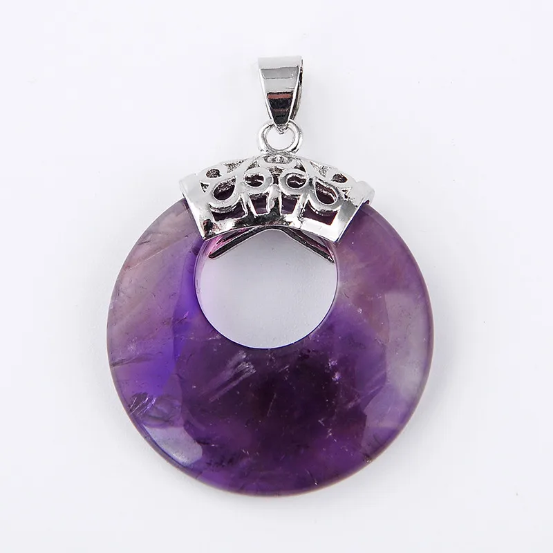 New 1Pc Silver Plated Natural Tiger Eye stone Purple Amethysts Round Hollow Shape Retro Pendant for Necklaces Fashion Jewelry