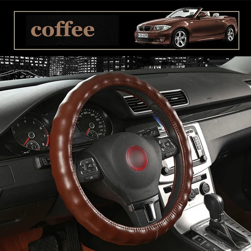 Top Layer Genuine Leather Steering Wheel Cover Black Brown Beige Coffee Grey Auto Steering Wheel Covers Car Styling