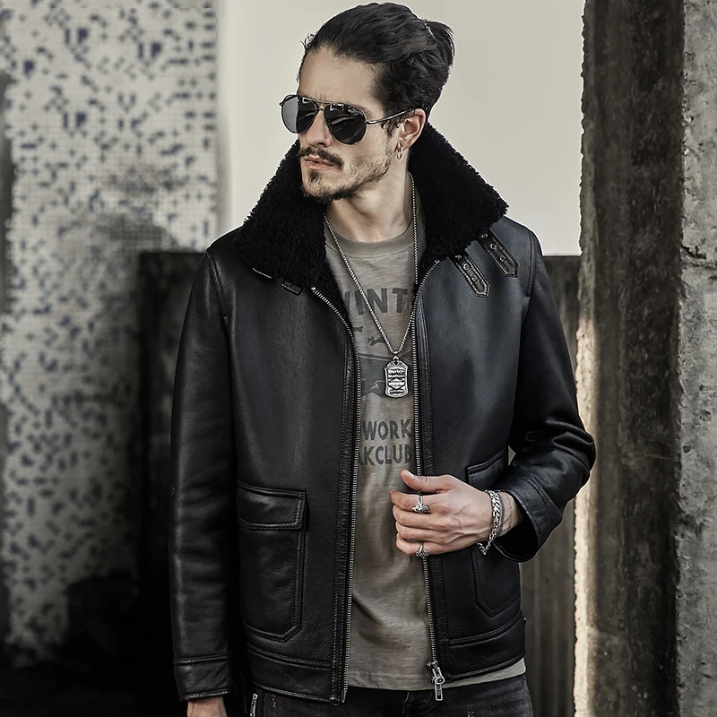 Mens B3 Sheepskin Shearling Jacket Motorcycle Jacket Travel Casual Coat Winter Leather Jacket