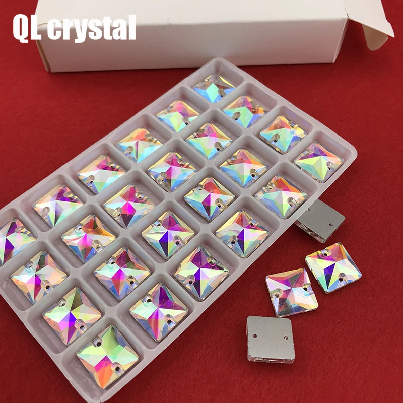 QLcrystal popular AB Square Sew on Rhinestones Glass Crystal 8,10,12,14,16,22mm Flatback sew-on stone Beads Dress Craft Supplies