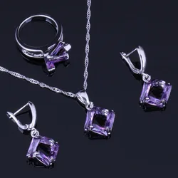 Impressive Quadrilateral Purple Cubic Zirconia Silver Plated Jewelry Sets Earrings Pendant Chain Ring V0976