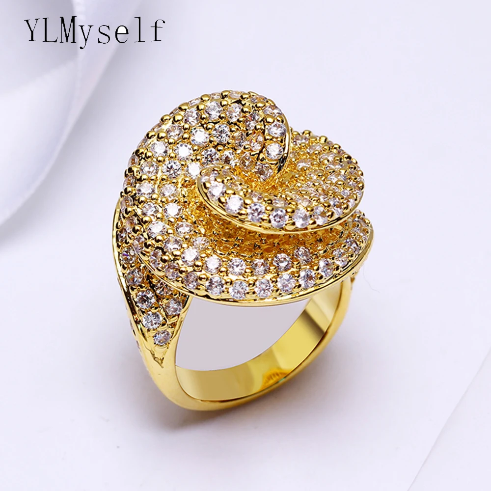 Beautiful new flower big ring White and Gold-color pave setting cubic Zirconia crystal female jewelry party rings