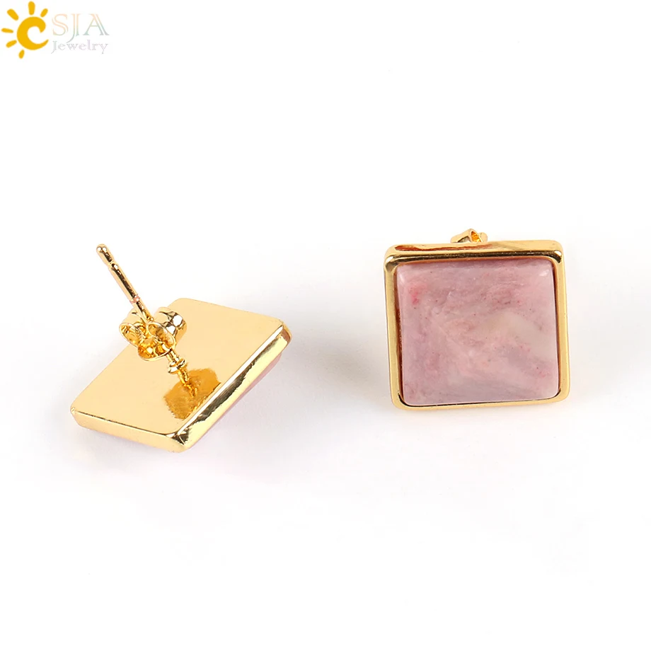 CSJA Square Gold Color Women Stud Earrings Ear Nails Natural Gem Stone Opal White Crystal Red Black Hiphop Wedding Jewelry E595