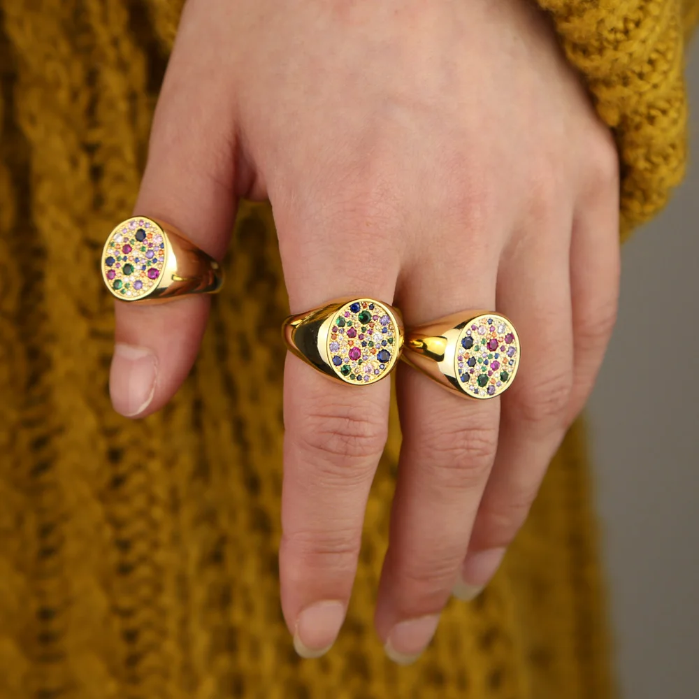 Gold filled geometric multi color rainbow CZ engagement ring size 5 6 7 8 eurpean women gorgeous trendy finger big rings