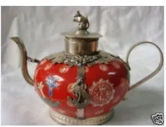 Crafts Arts Silver teapot red porcelain Tibet  Healing Medicine statue copper tools wedding Decoration Brass