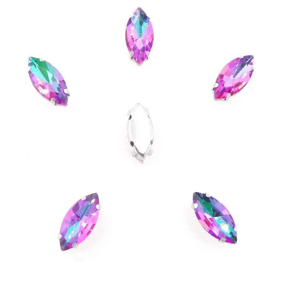 Navette-förmige Silberkrallenfassungen, 20 Stück, Regenbogen- & Jelly-Candy-AB-Farben, Glaskristall, 7*15mm, zum Aufnähen, Strass für Taschen, DIY-Verzierung – Detail 7