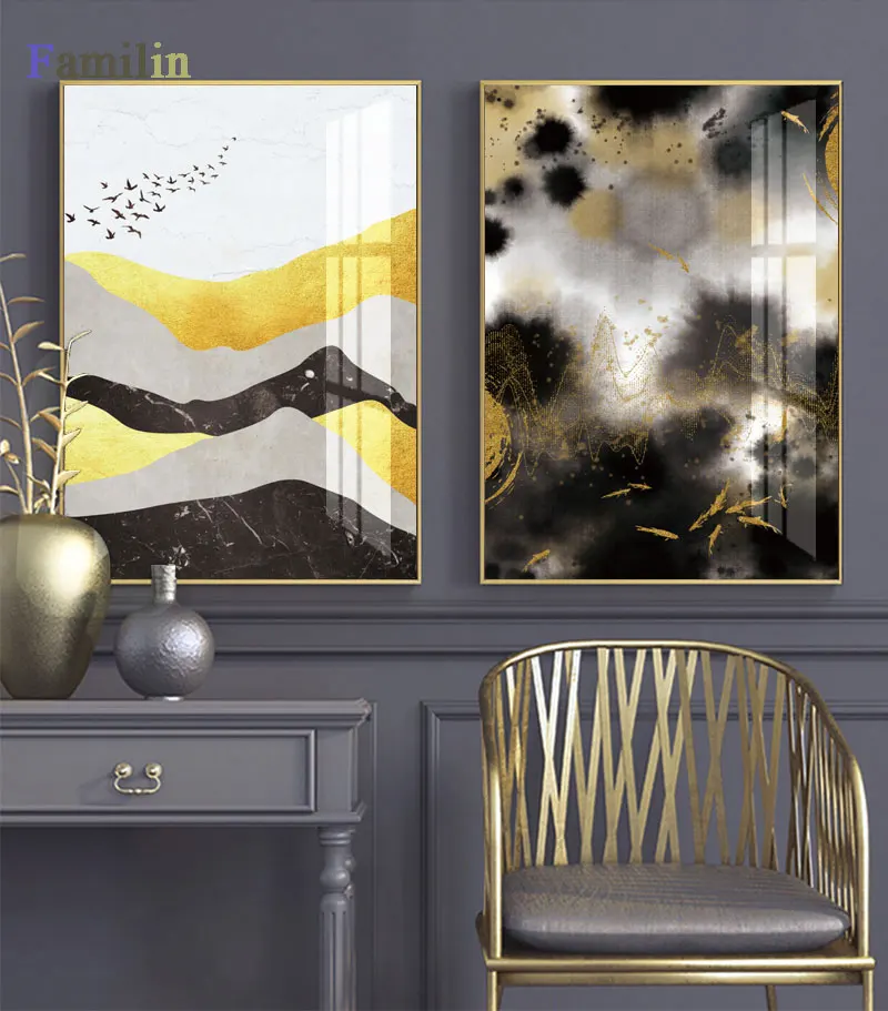 European Retro Gold Color Block Diamond Polygon Black And White Abstract Canvas Painting Art Print Picture Poster Decor