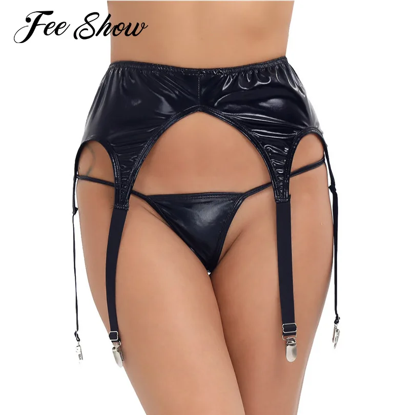 Liguero de charol Wetlook Sexy para mujer, medias con Clip, liguero, soporte para cinturón, sin G-string