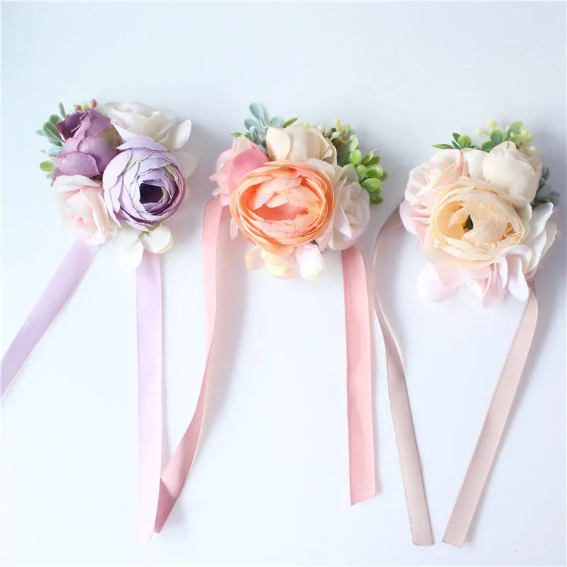 YO CHO Bridesmaid Decor Mini Rose Flowers Head Wrist Flowers and Boutonnieres Set Bride Decorations Wedding Bouquet Peony Brooch