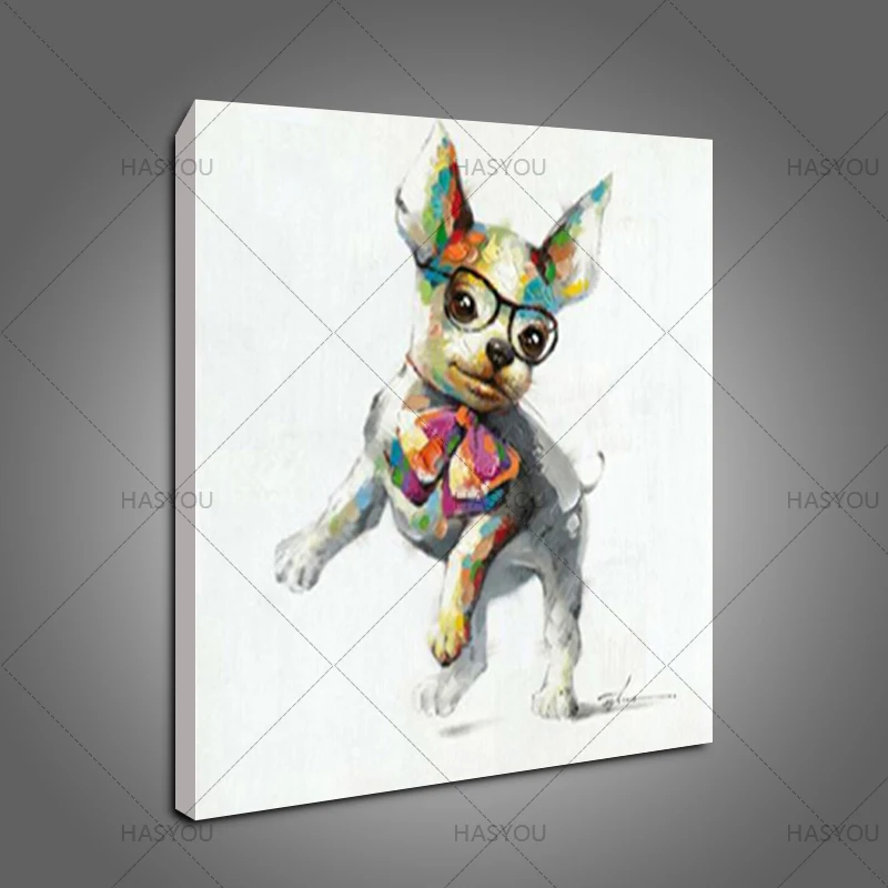 

Modern Handpainted Oil Painting on Canvas Animal Picture Home Decor dog wear glasses Cartton Painting For Kid's room living room