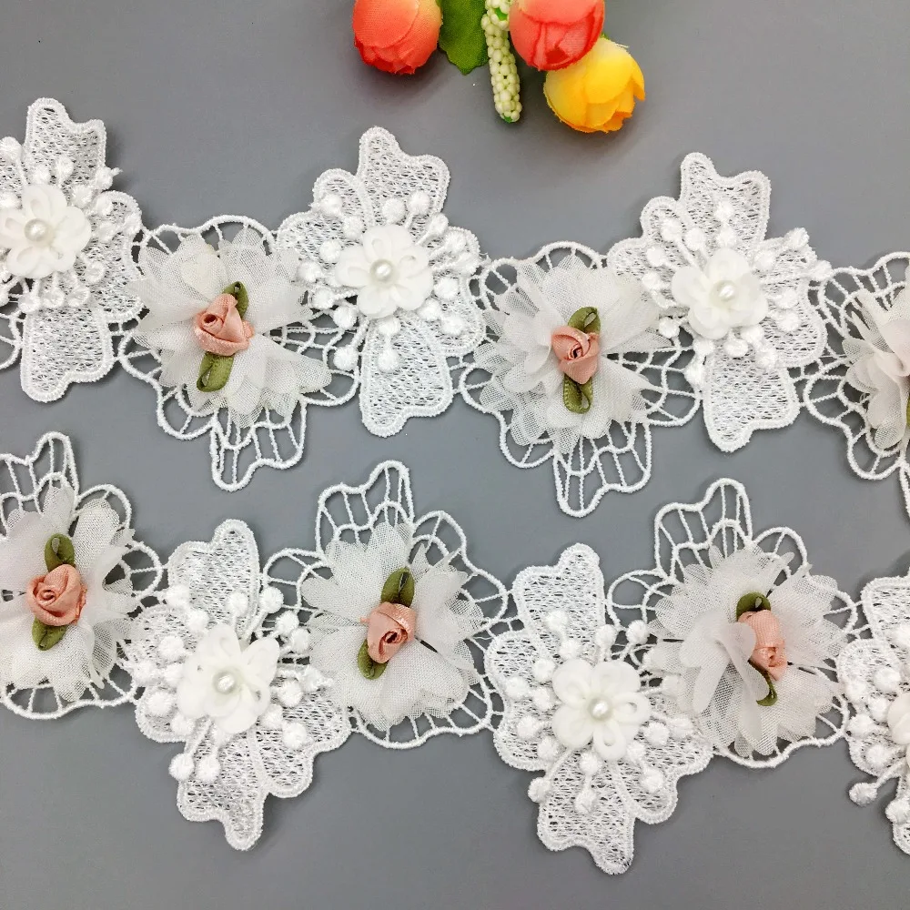 

1 Yard 3D Rose Flower Pearl Soluble Lace Trim Chiffon Wedding Dress Fabric Ribbon Dentelle Embroidered Applique DIY Sewing Craft