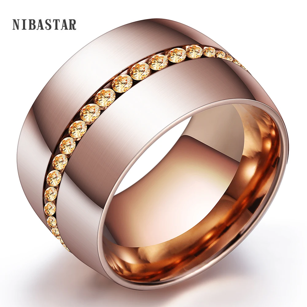 Classic 14mm Wide Steel Rings For Women Rose Gold Stainless Steel Plated with Pave Rose Crystal For Women