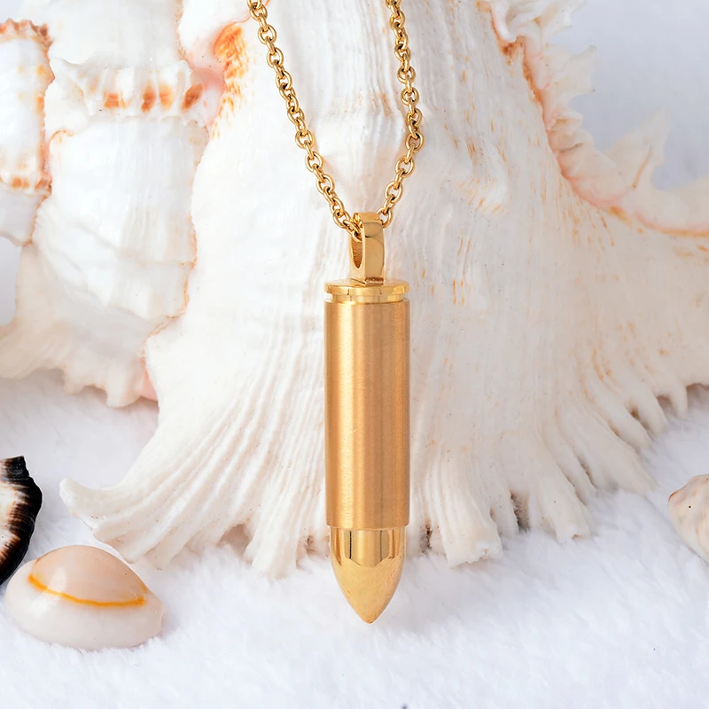 

Shiny Polish Bullet Memorial Urn Pendant Gold Plating Waterproof Cremation Urn Pendant Necklace Man Fashion Jewelry