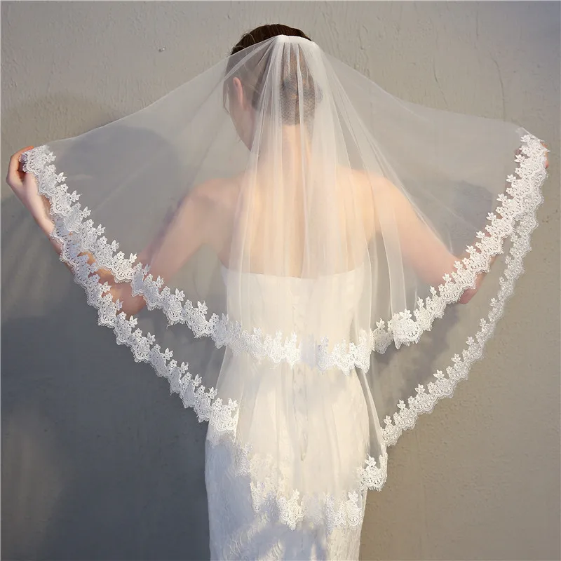 JaneVini Vintage Ivory Tulle Short Bridal Veils Two Layer Elbow Length Veil Bride Veil Lace Appliques Edge With Comb Velos Novia