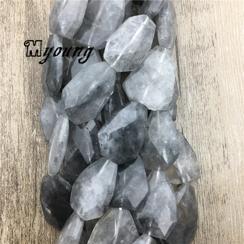 

3 Strands/Lot Faceted Cloudy Quartz Slice Beads, Natural Grey Cloudy Gem Stone,High Quality Loose Beads For Jewelry DIY, MY1577