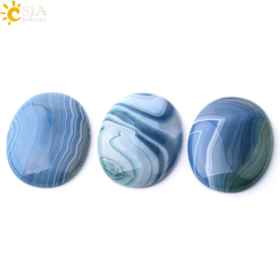 CSJA Oval Natural Stones Cabochon Base for Jewelry Making Blue Striped Agates Accessories DIY Women Rings Earrings 30X40 F809