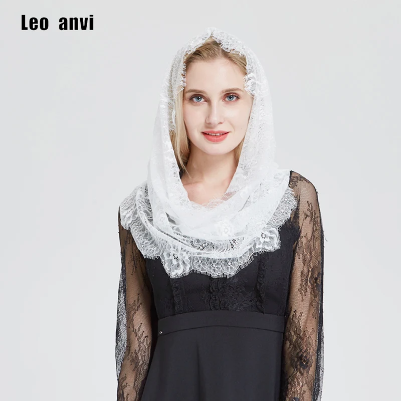 Leo anvi white Lace Wrap ring scarf women Mantilla Floral Vintage Inspired Lace Bridal Party Wedding Shawl Headcovering HeadWrap